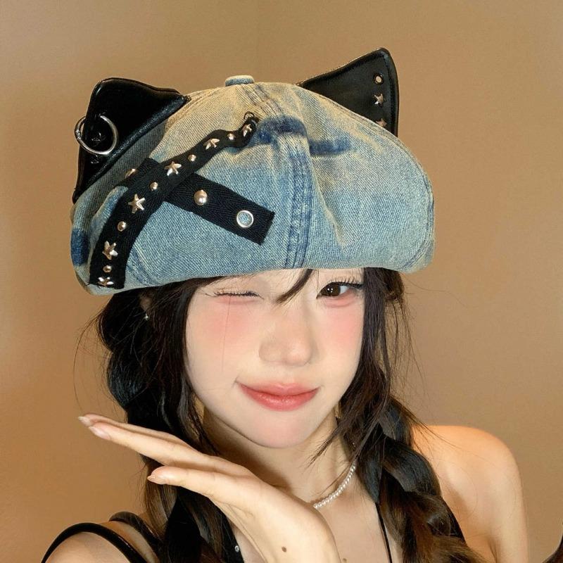 Sweet and Cool Babes Wind Cat Ear Beret Autumn Hat Women's Washed Cowboy Painter Hat Y2k Octagonal Hat
