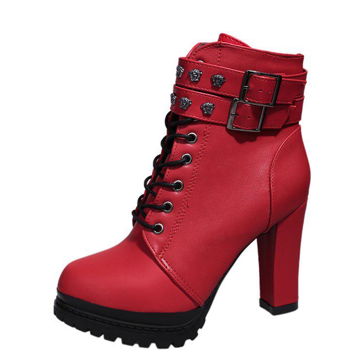 

2017 autumn and winter new Martin boots trendy women s short boots British style thick heel high heel women s shoes lace up spring and autumn 35 червоний