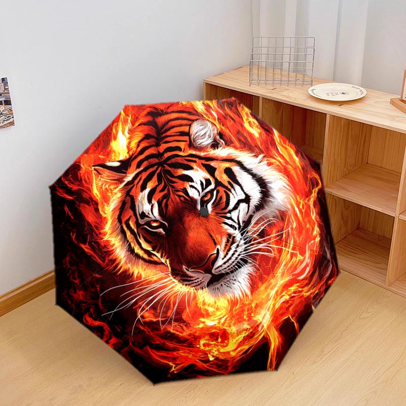1 PC Automatic Folding Umbrella - Flaming Tiger Pattern, Portable & Foldable Design with 8 Ribs, Christmas Birthday Gifts