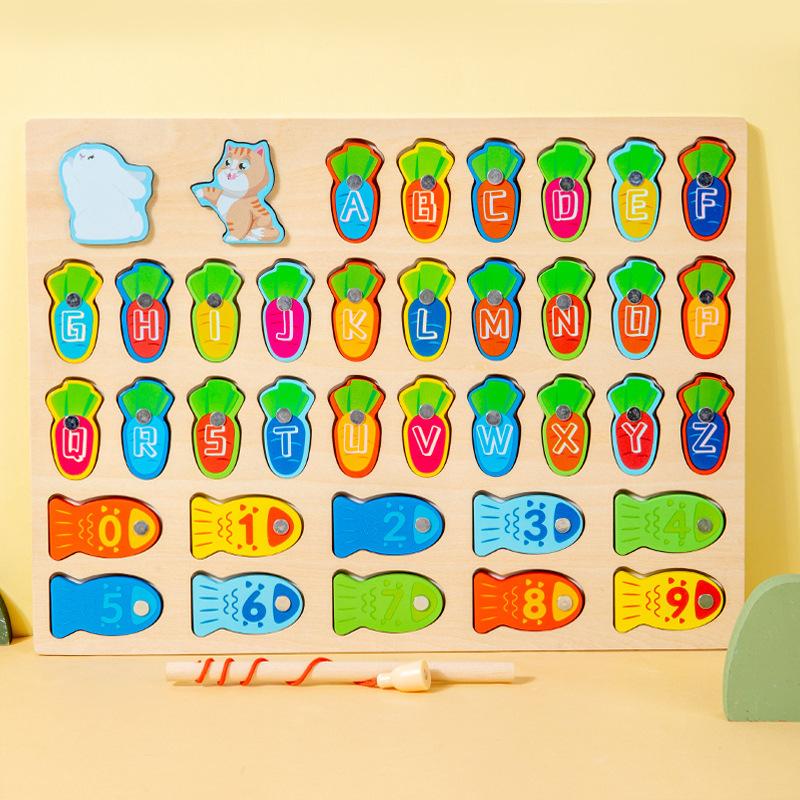 Children'S Early Education Puzzle Color Alphanumeric Cognitive Pairing Fishing Wooden Desktop Interactive Game