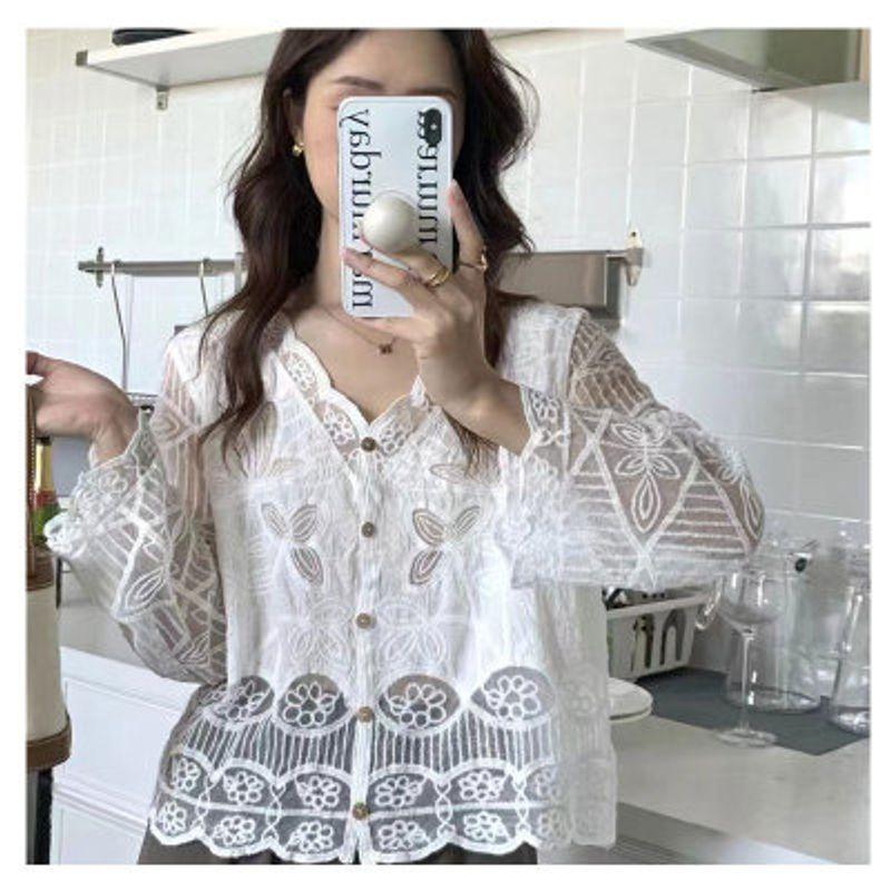 New Arrival Fashion Lace V-neck Single Breasted See-through Lace Crochet Cut Out Cardigan Long Sleeves Sun Protection Shirt for Air Conditioned Rooms
