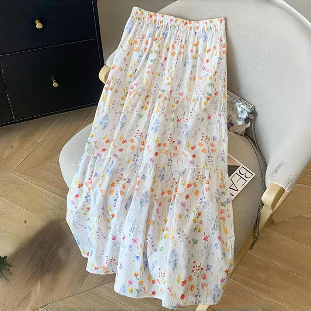 Korean Style Elegant Romantic Floral Midi Skirt for Women - Spring/Summer Versatile Loose Fit A-Line Skirt