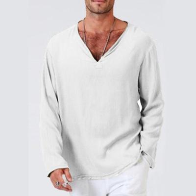Fashion Shirt New Breathable Cotton and Linen Ethnic Men's Solid Color V-neck Long-sleeved T-shirt