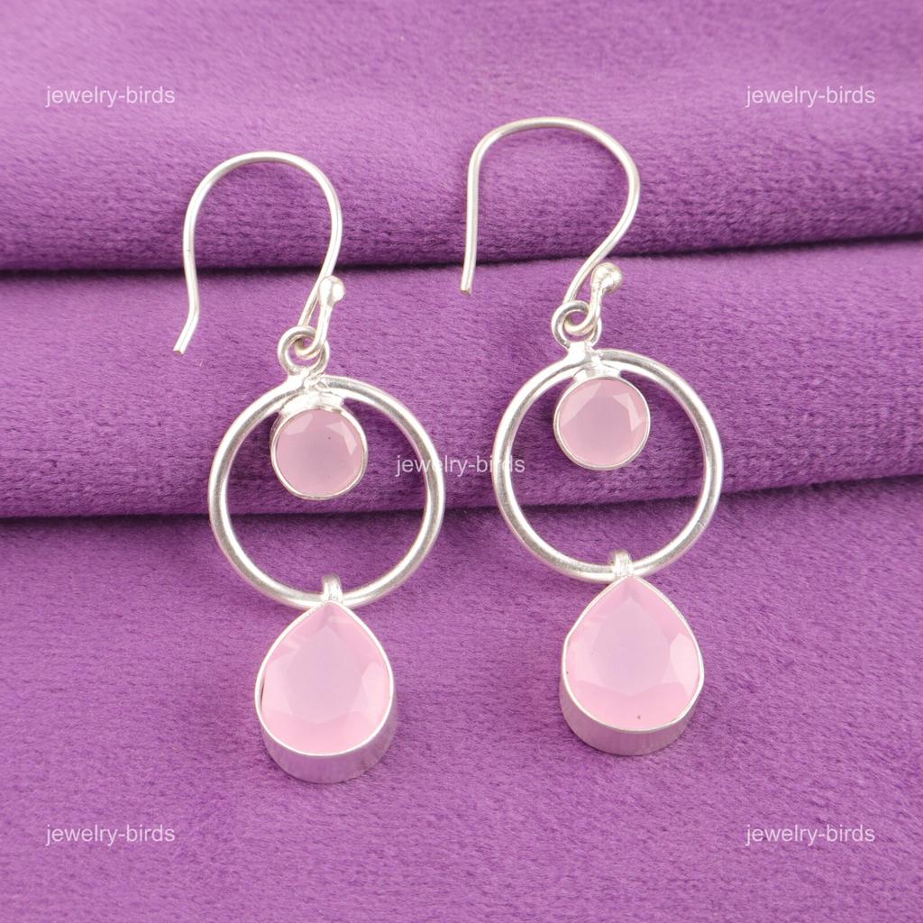 Rose Chalcedony Gemstone 925 Silver Anniversary Boho Dangle Mother Gift Earrings EE-140-13