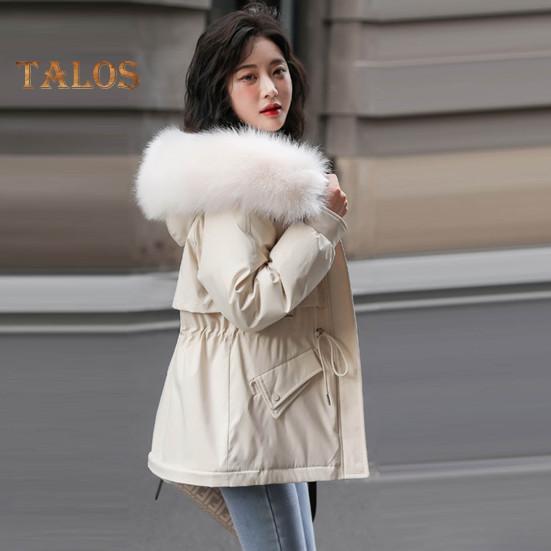 Women Padded Jacket Thickened Plush Lined Coat with Drawstring Waist Winter Warm Puffer Jacket with Faux Fur Hood for Work Streetwear