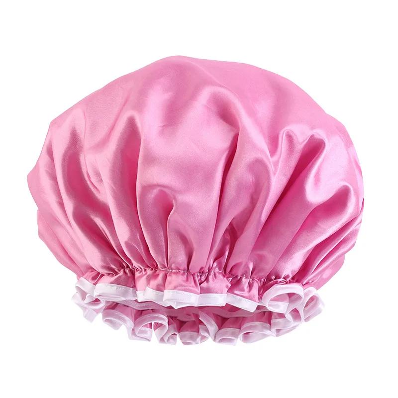 Large Lace Satin Anti-fume Cap PE Lined Waterproof Shower Cap Beauty Home Cap
