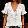 Women's Fashion V Neck Ruffle Short Sleeve Casual Blouse Lightweight Button Front Top for Everyday Wear