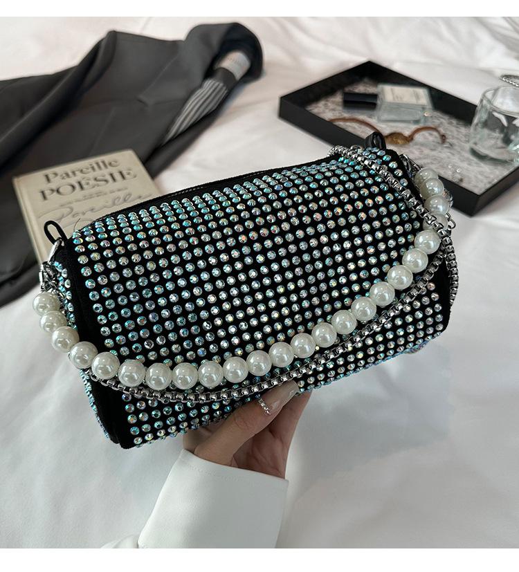 2025 new trend fashion handbag foreign style rhinestone underarm small square bag pearl chain shoulder messenger bag women