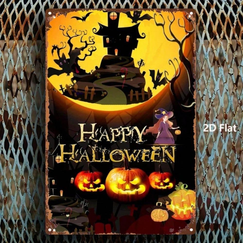 1pc 2D Flat Halloween Iron Sign Pumpkin Lanterns Ghost House Night Scene 8x12in Wall Hanging Home Bar Garage Club Decor