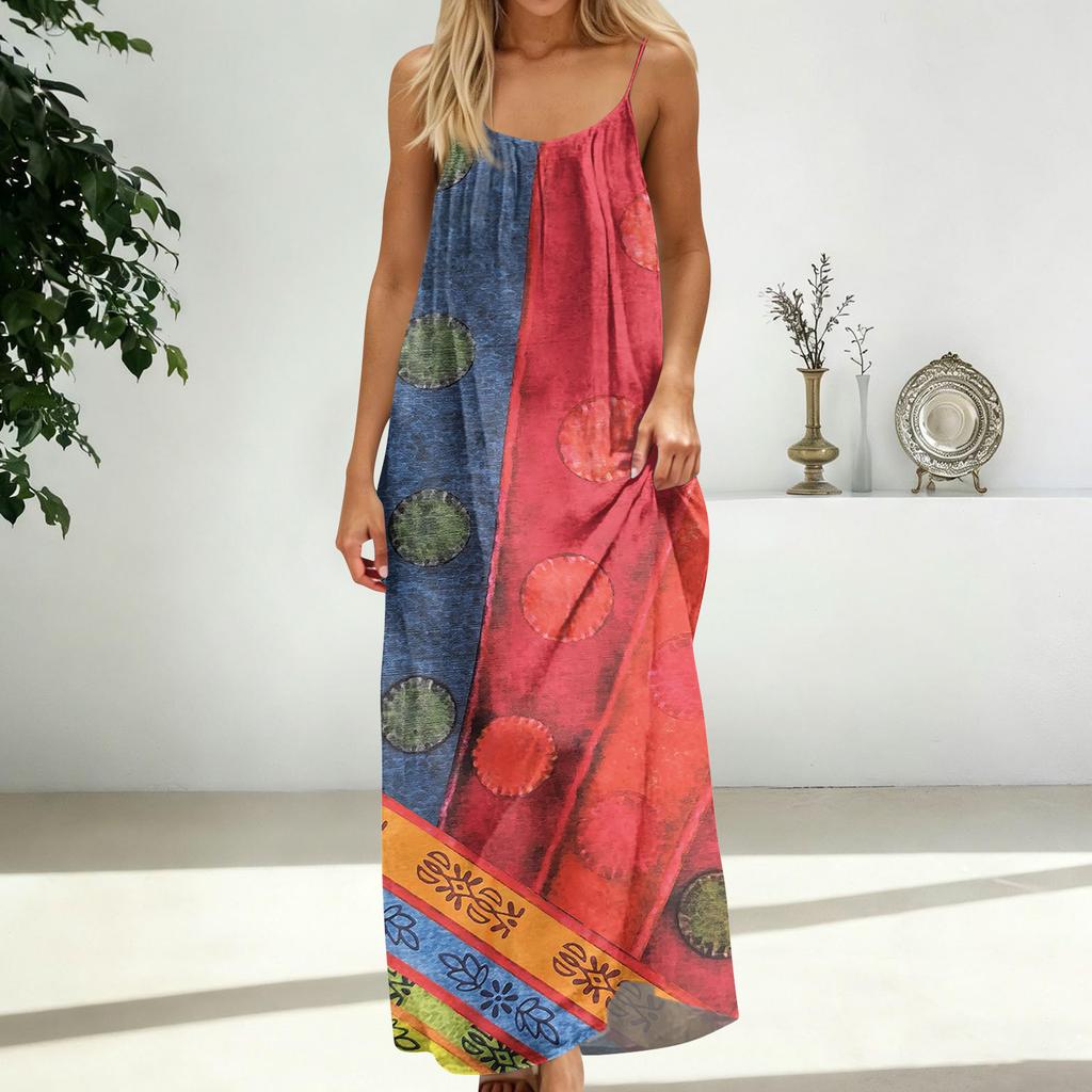 Women's Fashion Backless Spaghetti Strap Casual Loose-Fit Vintage Print Dress
