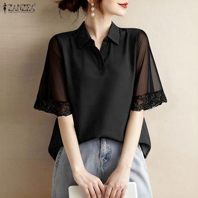 Women Casual Turn Down Collar Half Sleeve Loose Lace Splice Blouse