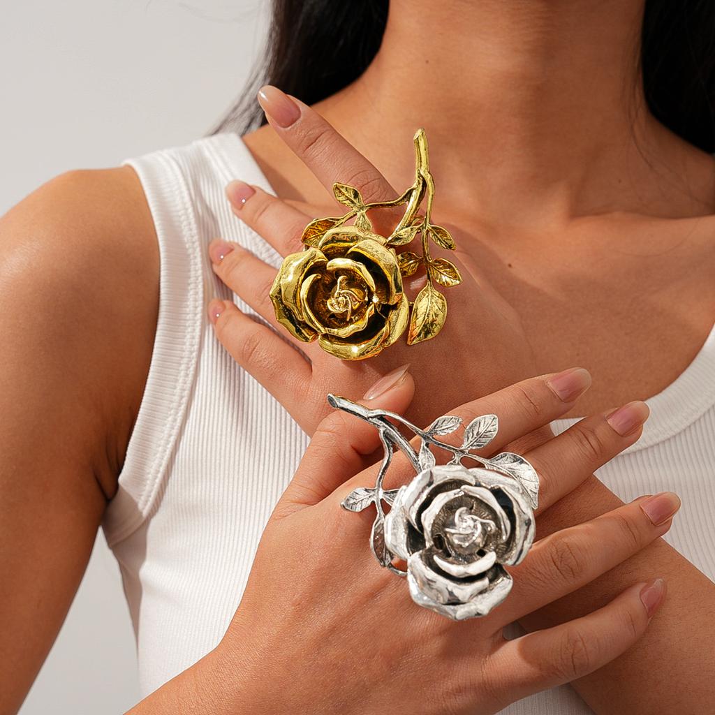 European and American Exaggerated Rose Flower Pleated Double Finger Ring Retro Old Personality Environmental Protection Niche Jewelry 