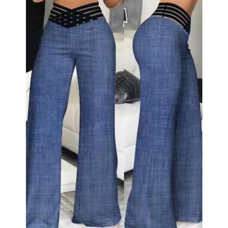 VEZFAA Damesmode Casual Effen Kleur Print Hoge Taille Broek Broek & Capri's