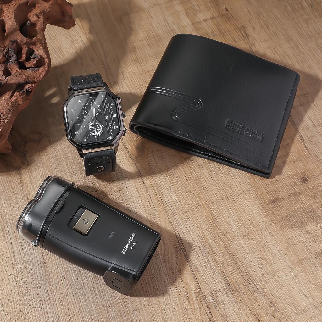 Men's Black Gift Set: Quartz Watch with Leather Strap, Wallet, Razor, and Two Extra Straps.