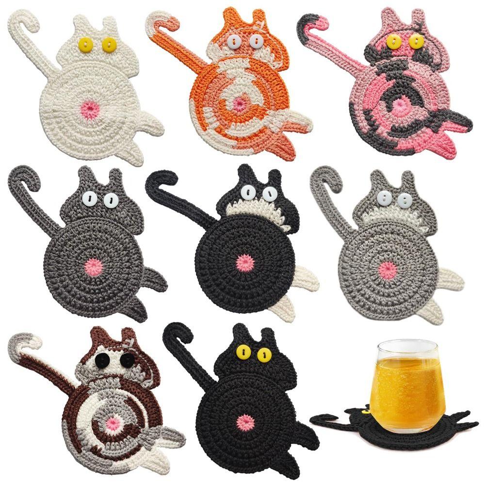 Cute Crochet Drink Mat Non-Slip Cute Cat Coasters Cat Butt Coasters Tea and Coffee