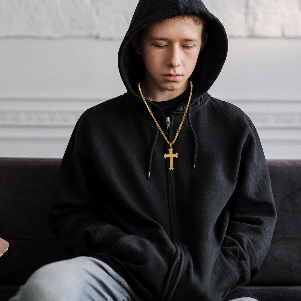 Gold Cross Men Necklace Double Ring Shape Cross Pendant Cross Necklaces Daily Wear Choker