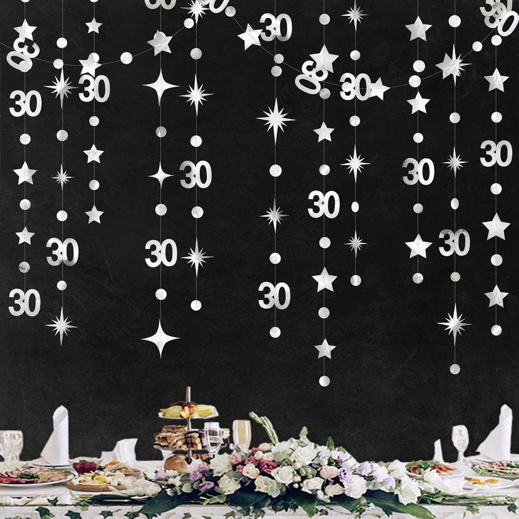 Black 30th Birthday Decorations Number 30 Circle Dot Twinkle Star Garland Metallic Hanging Streamer Bunting Banner Backdrop for Mens Womens Happy