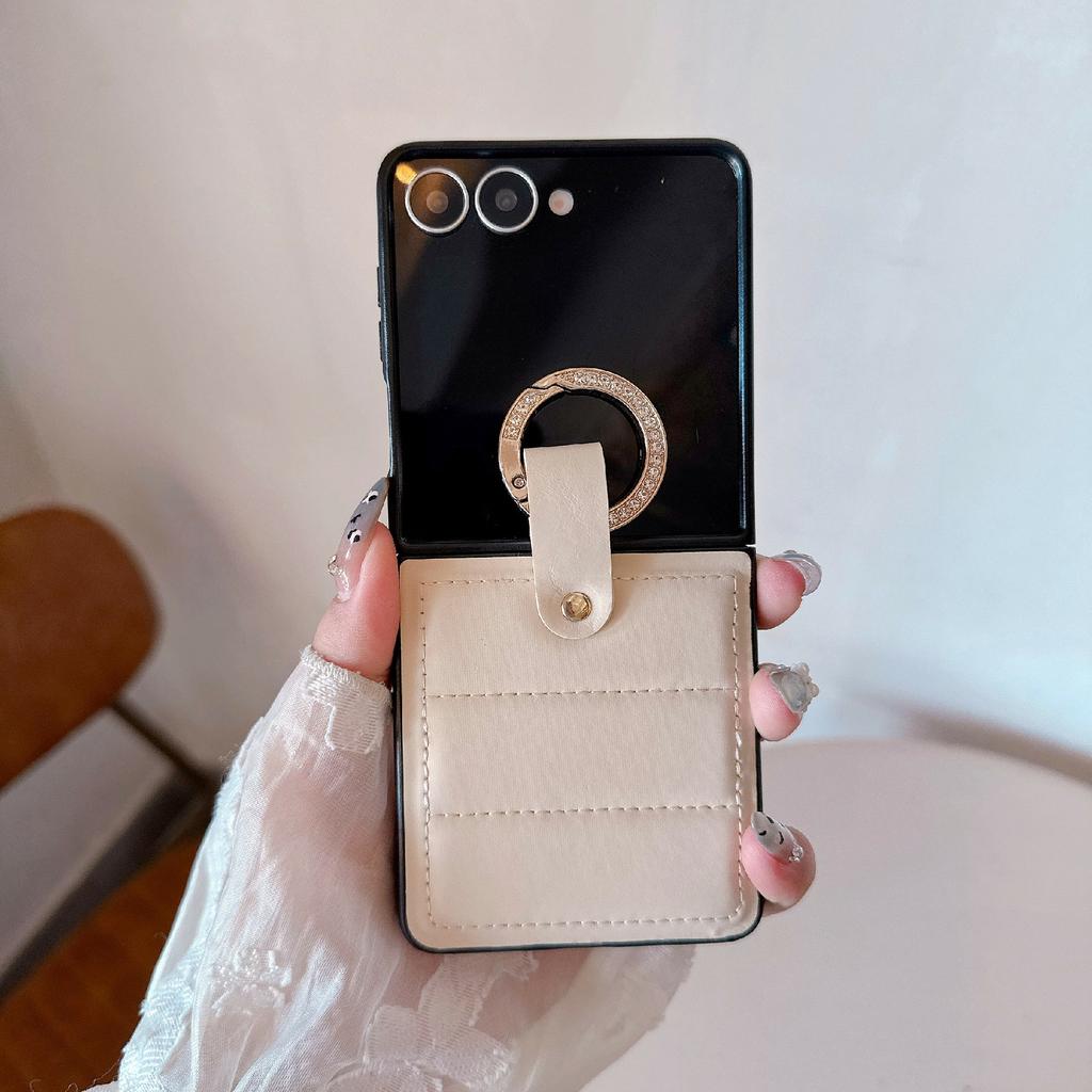For Samsung Galaxy Z Flip7 5G Case Case Down Jacket Style Rhinestone Decor Ring Holder Leather Coated PC Phone Cover