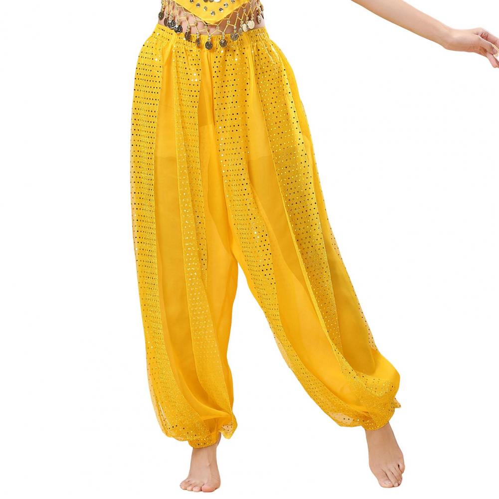 Damen Performance-Hose, elastische hohe Taille, einfarbige Pumphose mit Paillettendekor, Volkstanz, Bauchtanz-Kostümhose für Erwachsene