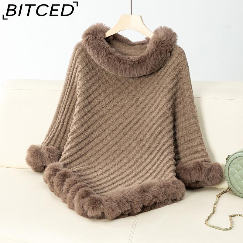 

BITCED Solid Colour Wool-Trimmed Pullover for Women Autumn/Winter Thick Vintage Check Knitted Cape Shawl One size хаки