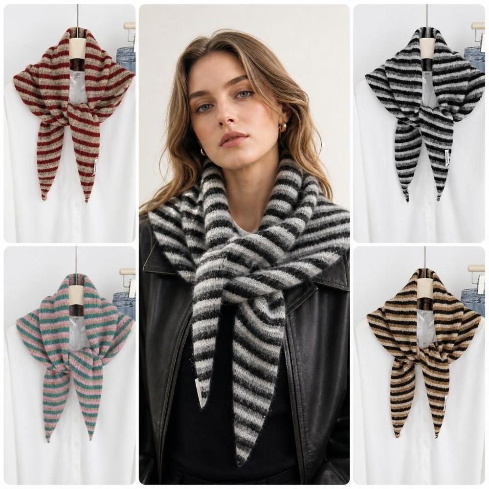 Lightweight Knitted Triangle Scarf Striped Pattern Winter Neckerchief Wool Shawl Scarf  Women