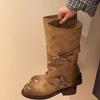[Jiayun] Dune Aesthetics~ Retro Fried Street Color Rubbing Retro Double Button Medium and High Western Boots Female Knight Boots