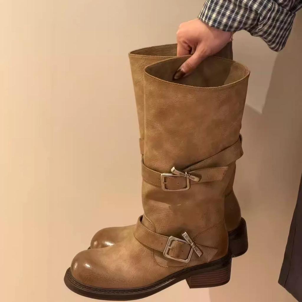[Jiayun] Dune Aesthetics~ Retro Fried Street Color Rubbing Retro Double Button Medium and High Western Boots Female Knight Boots