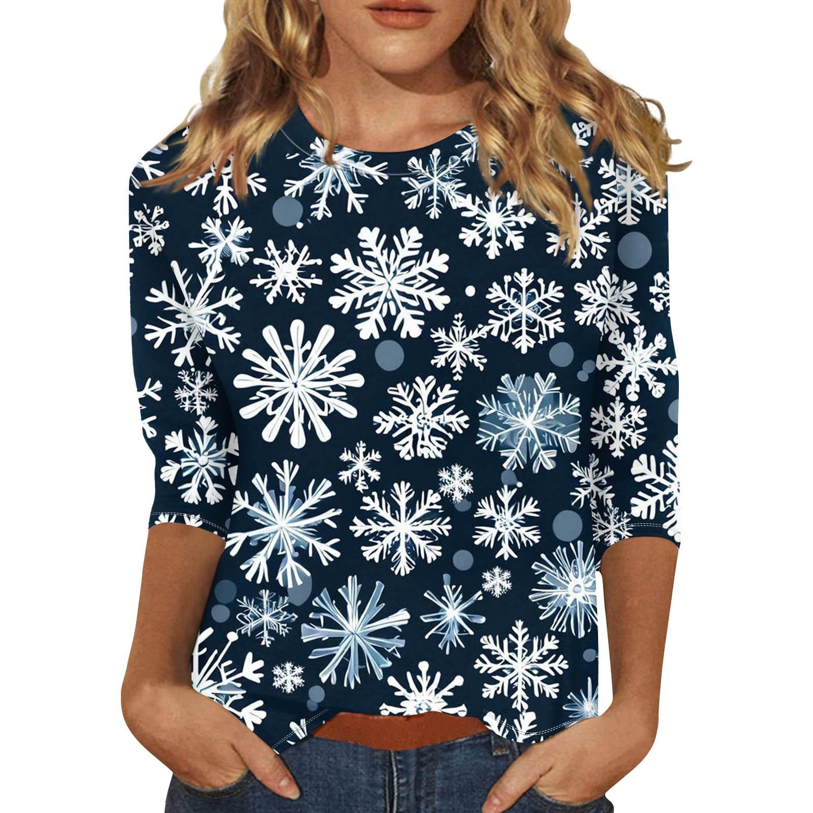 

Женская мода повседневная рубашка с круглым вырезом и рождественским принтом, семь рукавов L