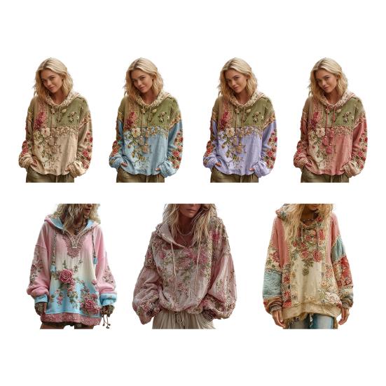 Women's Floral Print Patchwork Hoodie Oversized Vintage Pullover Sweatshirt Fall Casual Long Sleeve Hooded Outfit