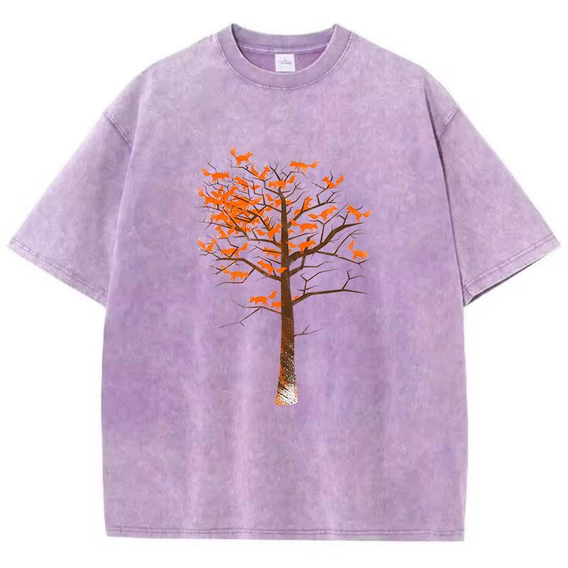 Summer T Shirt Vintage Washed Cotton T-Shirt Japanese Style Cat Climb Tree Graphic Tee Casual Streetwear Spring