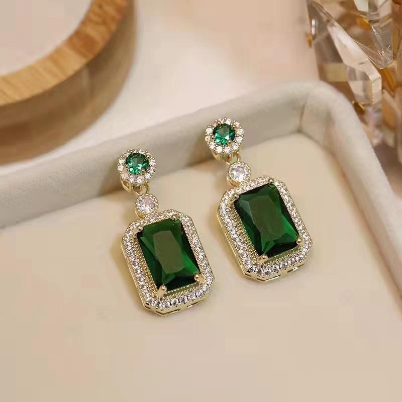 3D Square Green Rhinestones Dangle Earrings for Women Wedding Party Elegant Jewelry Geometry Round Crystal Drop Earrings Gift