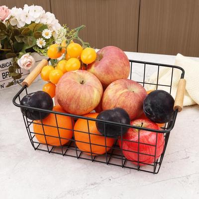 Metal Desktop Storage Basket Rectangle with Wood Handle Iron Wired Basket Large Capacity White Black