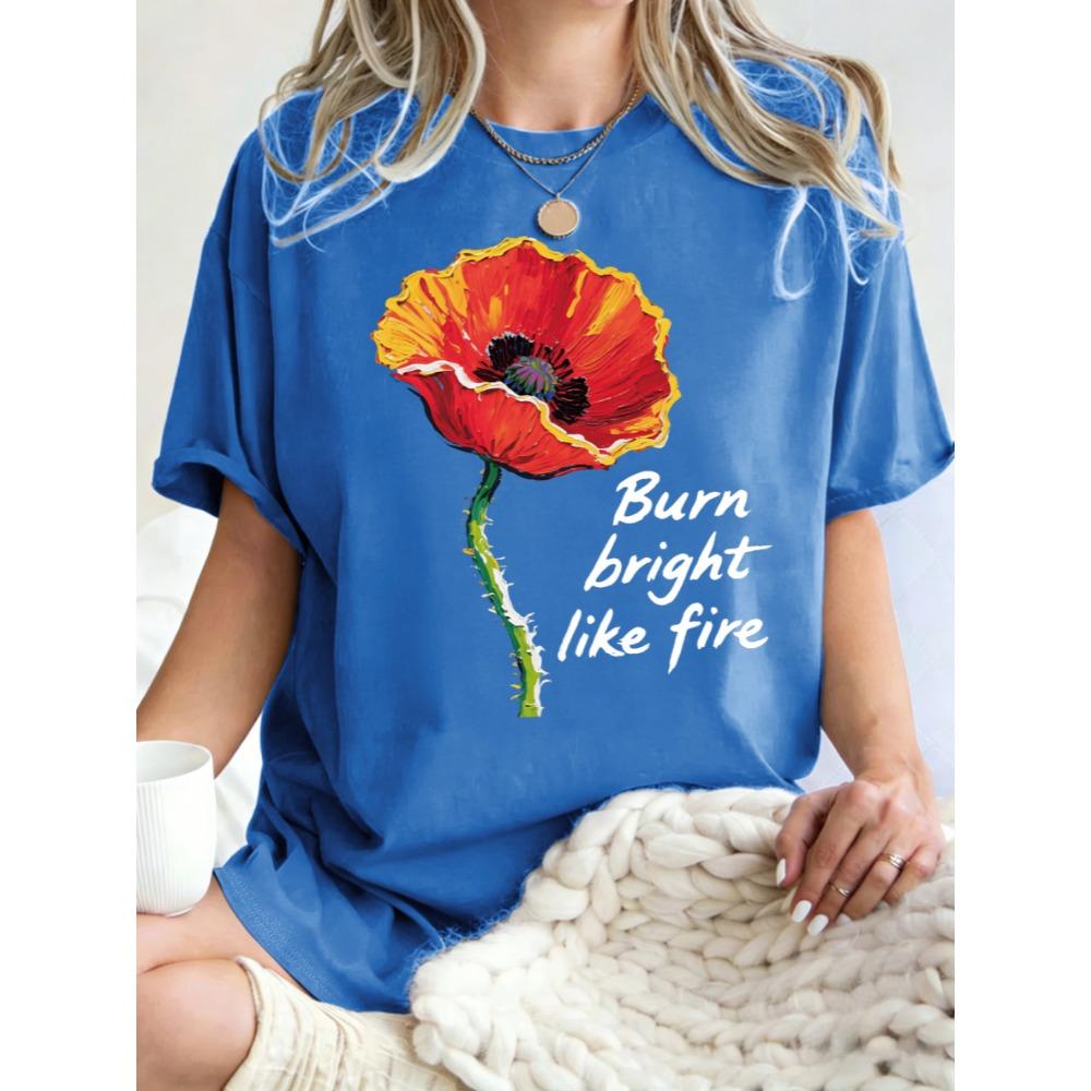 Burn Bright Like Fire Flower Prints Short Sleeve Women Cotton Y2K Crewneck T-Shirt Summer Loose T Shirt Soft Top
