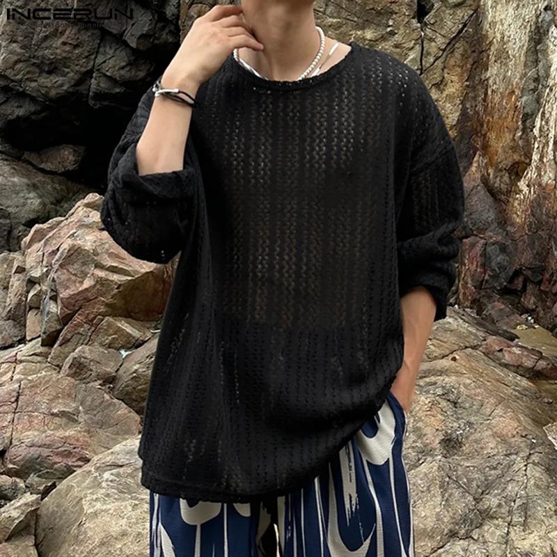 

INCERUN Мужские прозрачные сетчатые топы с длинными рукавами и круглым вырезом