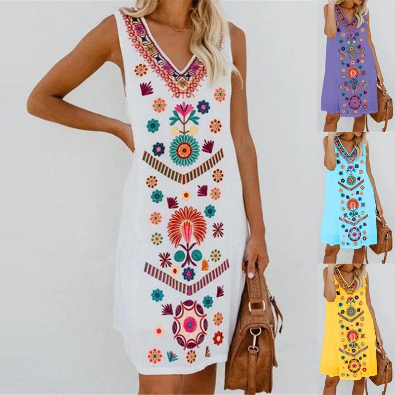 ❤️ Womens V Neck Sleeveless Floral Print Dress Summer Casual Loose Short Dresses