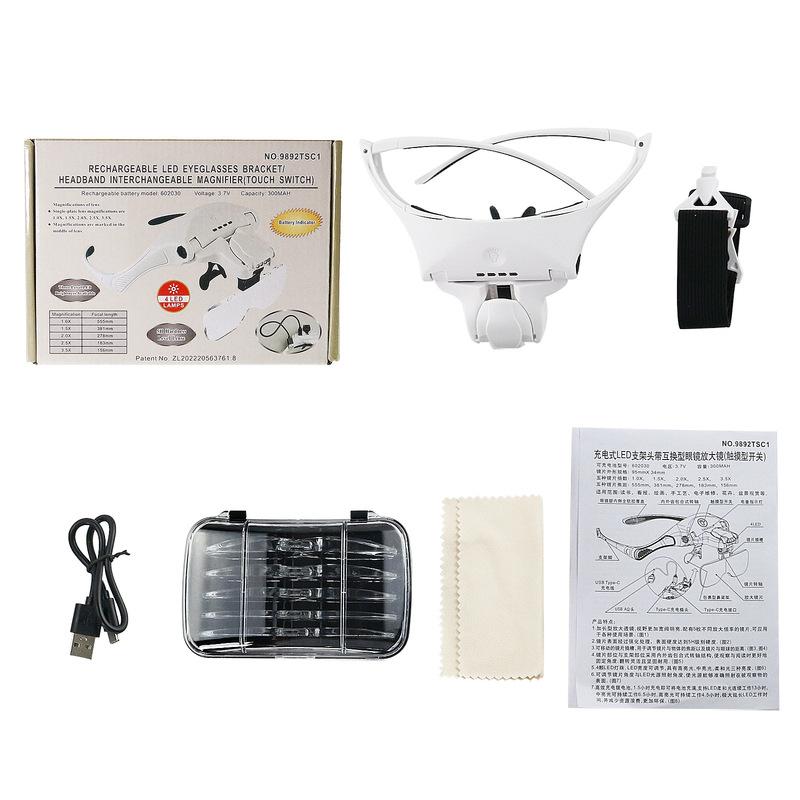 Head Magnifying Glass with 4 LED Light Head Mount Magnifier Glasses 5 Detachable Lens 1X 1.5X 2.0 X 2.5X 3.5X for Reading Repair
