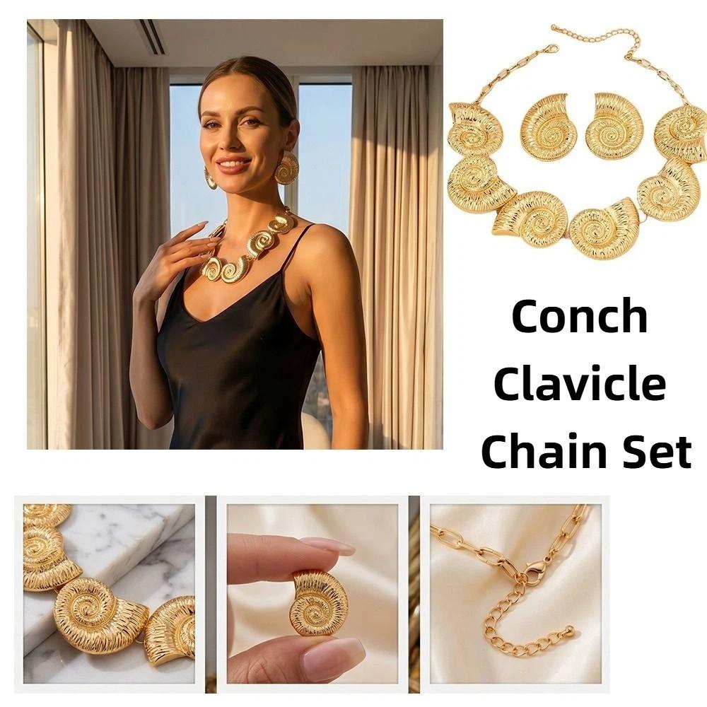 Retro Conch Clavicle Chain Set Metal Trendy Necklace Earring Set Conch Collar Pendant Beach