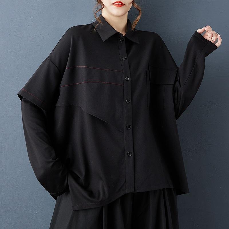 Camisas y blusas vintage negras de manga larga extragrandes para blusa Casual holgadas tops de primavera otoño mujeres camisa abotonada
