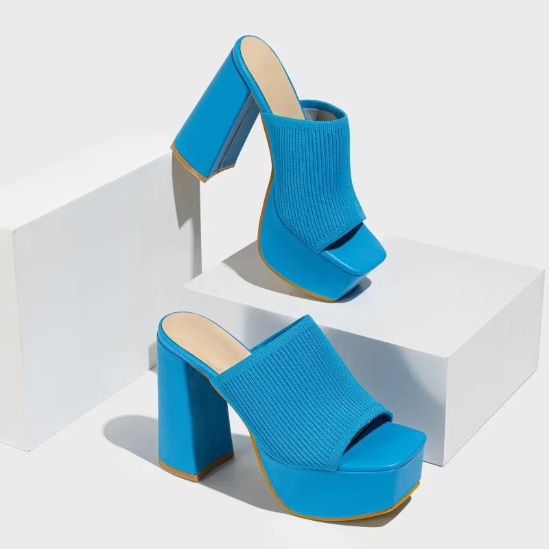 Roma Style Knitted Platform Slippers Chunky High Heels Women Peep Toe Pumps Ladies Shoes Sandals Size 35-42