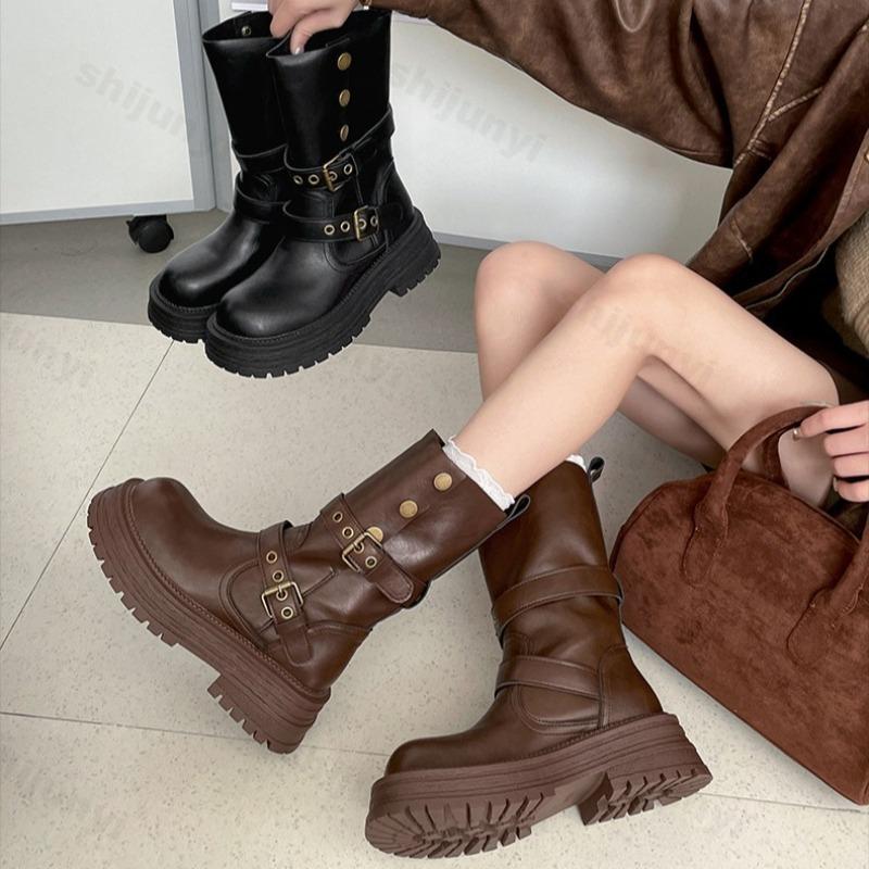 Fashion Women's Boots 2025 Autumn Fashion Retro Comfortable Anti Slip Britain Outdoor Long Boots Chunky Platform PU Leather Botas Mujer