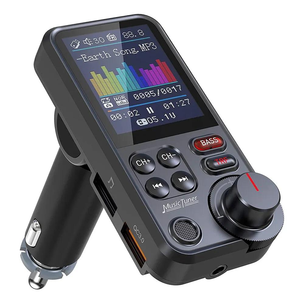 LANGJING 1.8 Inch Wireless Car Bluetooth FM Transmitter Aux Supports QC3.0 Charging Treble and Bass Sound Music Player