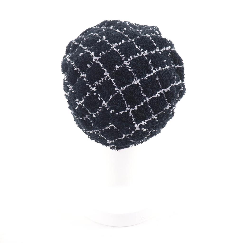 Great CHANEL beret COCO Mark lattice pattern tweed black cotton Women M 19C Used