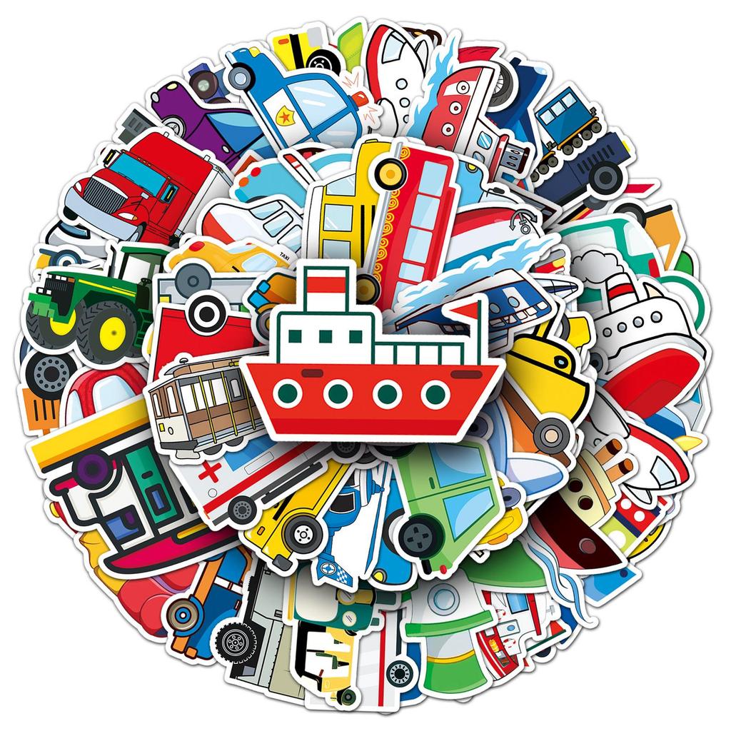 100 Creative Cartoon Vehicle Stickers for DIY, Journals, Phones, and Stationery - Colorful Car Designs
