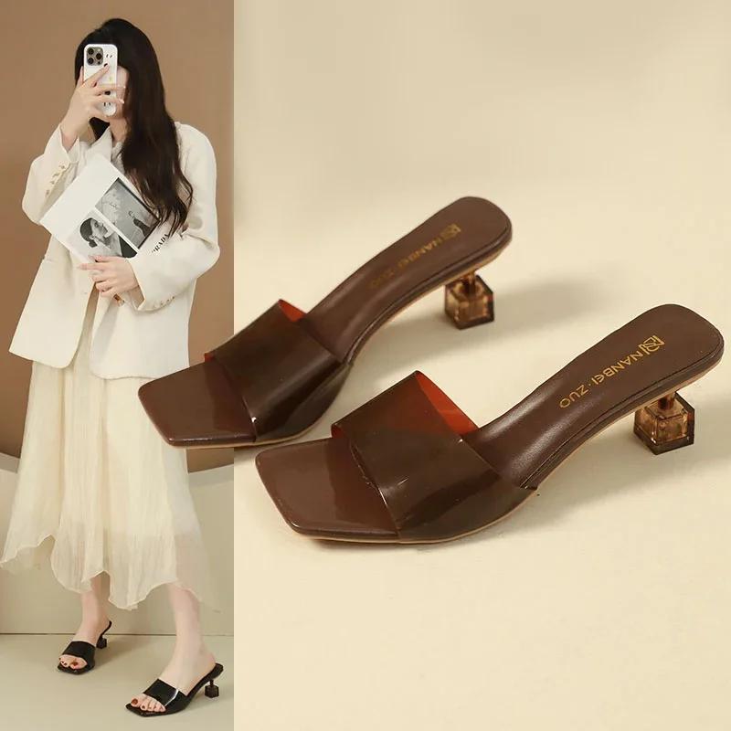 

Fashion Patent Leather High-heeled Sandals and Slippers for Women 2025 Summer New Versatile Thin Heel Square Toe Open Toe Sexy 43