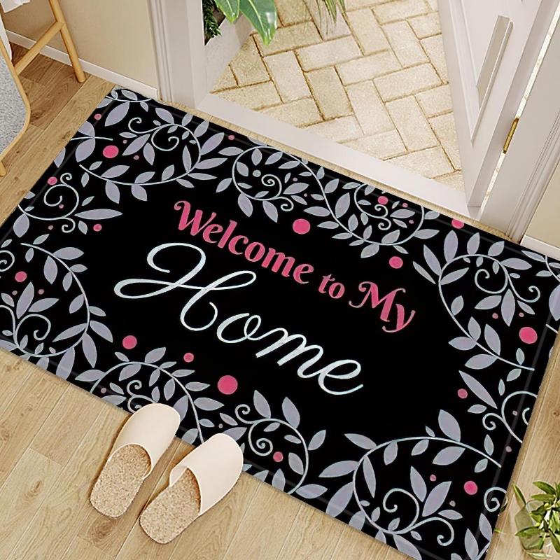 Leaf & Letter Patterned Home Welcome Print Door Mat Absorbent Quick-Drying Non-Slip Entrance Carpet for Living Room Bedroom Rug