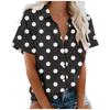 Women's Fashion Casual Short Sleeve Polka Dots Print Buttons Lapel Shirt Top Blouse