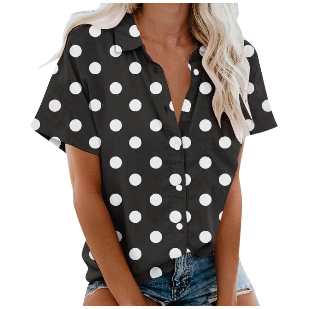 Women's Fashion Casual Short Sleeve Polka Dots Print Buttons Lapel Shirt Top Blouse