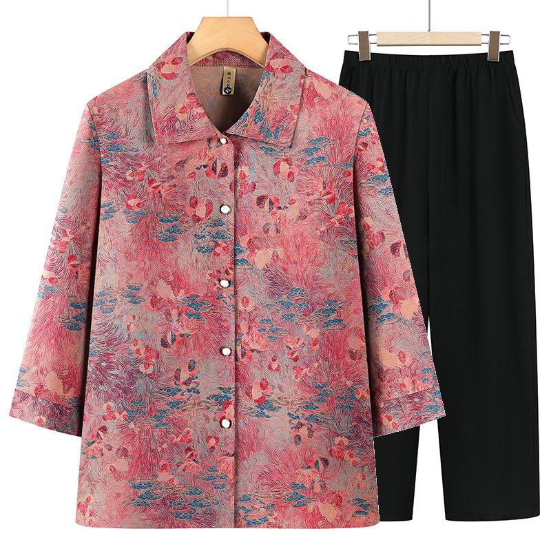 

Women s Grandma-Style Two-Piece Set: Three-Quarter Sleeve Top and Pants for Middle-Aged and Elderly, Perfect Summer Outfit 2XL (recommended 100-115 lbs)