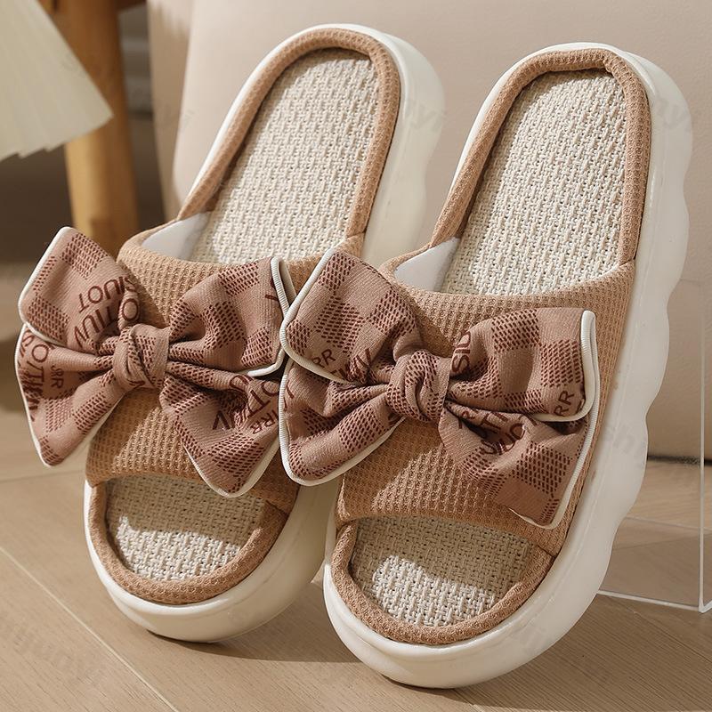 Fashion Linen Women Slippers 2025 Summer Home Slippers Comfortable Thick Sole Platform Ladies Fashion Bowknot Indoor Slipper Wholesale