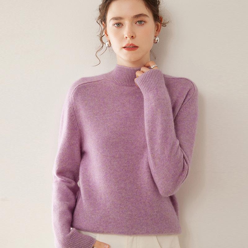 Women's Heavyweight Cashmere Half-High Collar Knit Sweater with Saddle Shoulders